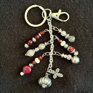 NEW Red Mood Beaded Crystal Bag Charm Keychain Handmade One of a Kind
